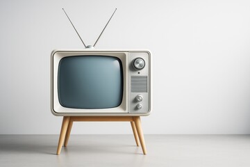 Leinwandbilder - Retro television with antennas and wooden legs on minimal background, perfect for technology concept or poster design template mockup use.