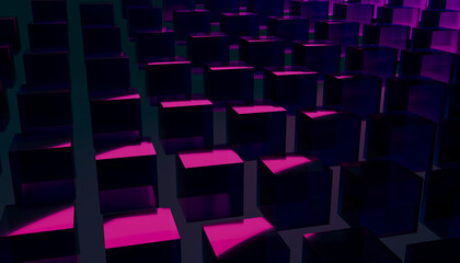 Abstract 3D cubes with violet lighting on dark background