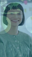 Poster - animation of statistical data processing against portrait of asian woman smiling at office