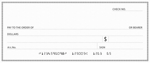 Bank check, vector blank money cheque, checkbook template with guilloche pattern and fields. Currency payment coupon, money check background