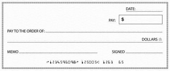 Bank check, vector blank money cheque, checkbook template with guilloche pattern and fields. Currency payment coupon, money check background