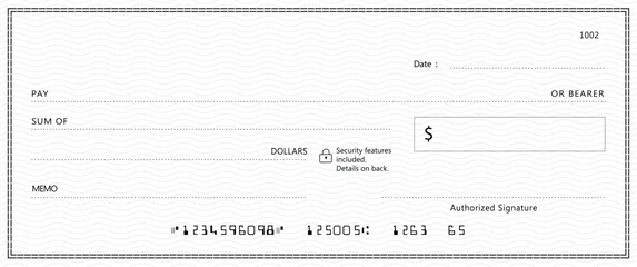 Bank check, vector blank money cheque, checkbook template with guilloche pattern and fields. Currency payment coupon, money check background