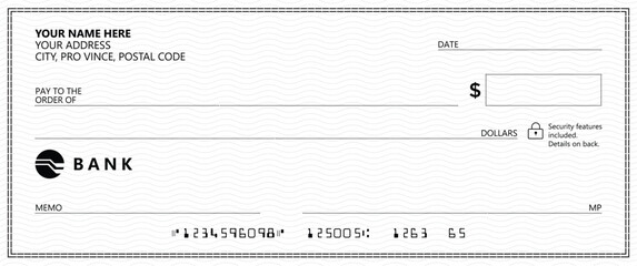 Bank check, vector blank money cheque, checkbook template with guilloche pattern and fields. Currency payment coupon, money check background