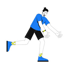 Poster - Sporty caucasian man in catching pose 2D cartoon character. Running european energetic guy wearing smartwatch and patterned socks flat vector person isolated on white. Spot illustration colorful