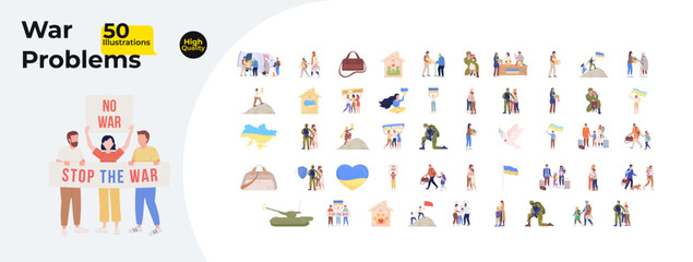 Aufkleber - War problems and peace activism cartoon flat illustrations mega bundle. Ukrainian refugees, protests, military families, humanitarian aid 2D images isolated on white. Collection vector drawings
