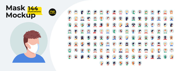 Aufkleber - Face mask mockup character cartoon flat illustrations mega bundle. Pandemic covid protection. Diverse people wearing medical masks 2D images isolated on white. Collection vector drawings colorful