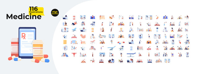 Poster - Telemedicine and healthcare cartoon flat illustrations mega bundle. Medical professionals, patient care. Pharmaceuticals, diagnosis 2D images isolated on white. Collection vector drawings colorful