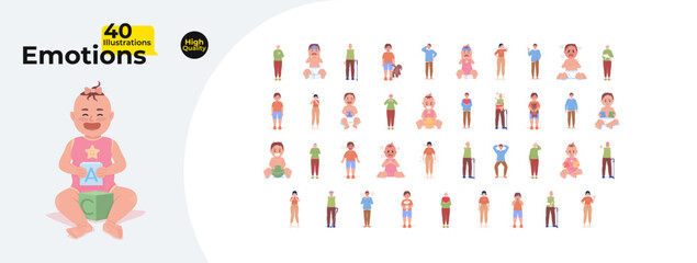 Aufkleber - Diverse emotional expressions in different ages cartoon flat illustrations mega bundle. Babies, children, adults and seniors emotions 2D images isolated on white. Collection vector drawings colorful