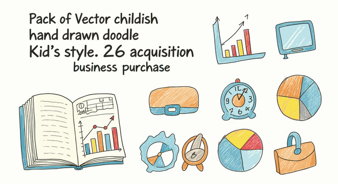 Childish doodle business icons. Finance, acquisition, purchase vector set. Kids style vector images, doodles, hand-drawn, design elements, business, finance.