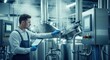 © DigitalSpace - Worker inspecting brewing process in a hightech beer manufacturing plant.