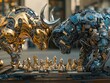 © Attala Rizky - Metallic bull and bear chess pieces face off on a chessboard, symbolizing market competition and strategy.