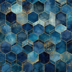 Poster - Geometric watercolor hexagon pattern in deep blues and gold, featuring a textured, metallic effect