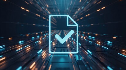 Poster - Glowing Checkmark on Digital Document in Futuristic Data Stream