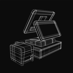 Fototapete - A 3D wireframe model of a cash register sits on a black background, composed of stacked boxes with monitors on top. The minimalist design highlights geometric shapes and digital payment technology.