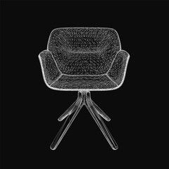 Poster - Black and white wireframe chair with a sleek, modern design features a curved backrest, tapered legs, and detailed armrests. The precise lines create a unique and eye-catching silhouette on a dark.