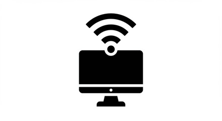 Fototapete - A black and white icon showing a computer with a wireless signal above it.