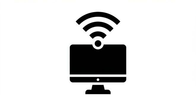 A black and white icon showing a computer with a wireless signal above it.