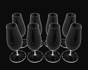 Fototapete - Wine glasses with unique shapes and designs arranged in a straight line. The black background contrasts sharply with the white contours of the glasses. Each glass has a distinct silhouette.