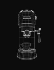 Poster - A sleek 3D model of a coffee maker with detailed wireframe structure, placed on a black background. A ceramic cup sits on top, enhancing the realistic rendering.