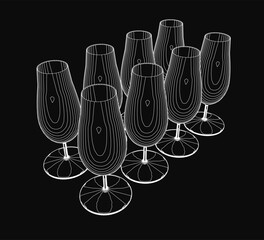 Poster - Wine glasses drawn in clean white contour lines stand out against a black background. The symmetrical arrangement features each glass slightly overlapping the one below it.