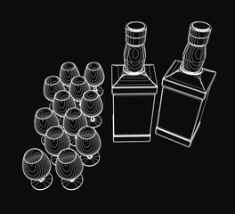 Poster - Black and white contour drawing of two bottles and symmetrical cognac glasses on a dark black background.