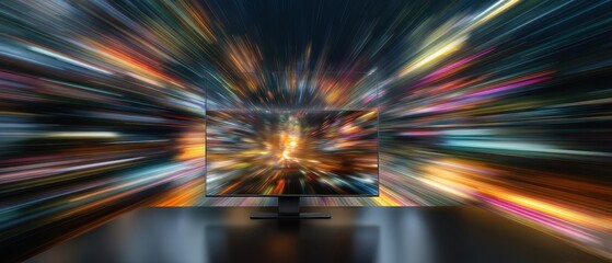 Poster - Sleek smart tv surrounded by vibrant media tornado with dynamic light streaks