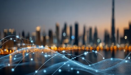 Poster - Futuristic Urban Landscape with Digital Network Connections Transforming Modern City Development