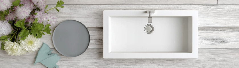 Fototapete - A rectangular white sink on top of a light grey wooden countertop, a plate with flowers next to the vessel faucet and an ashtray beside it, a bird's-eye view, product photography, 
