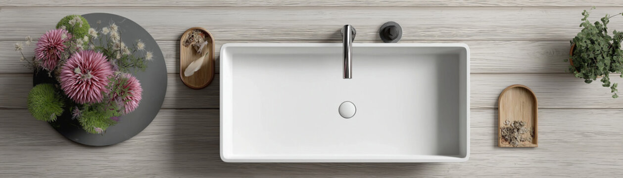 A rectangular white sink on top of a light grey wooden countertop, a plate with flowers next to the vessel faucet and an ashtray beside it, a bird's-eye view, product photography, 