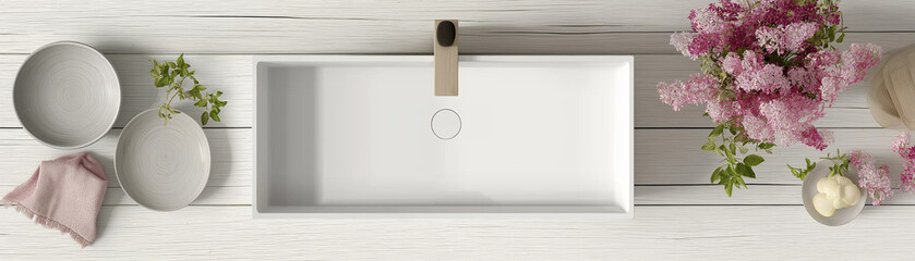 Fototapete - A rectangular white sink on top of a light grey wooden countertop, a plate with flowers next to the vessel faucet and an ashtray beside it, a bird's-eye view, product photography, 
