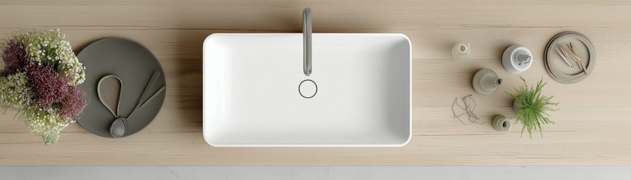A rectangular white sink on top of a light grey wooden countertop, a plate with flowers next to the vessel faucet and an ashtray beside it, a bird's-eye view, product photography, 