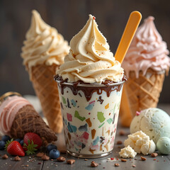 Poster - A realistic ice cream collection featuring various flavors and textures in cones and cups, highlighting creamy detail.