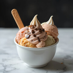 Poster - A realistic ice cream collection featuring various flavors and textures in cones and cups, highlighting creamy detail.