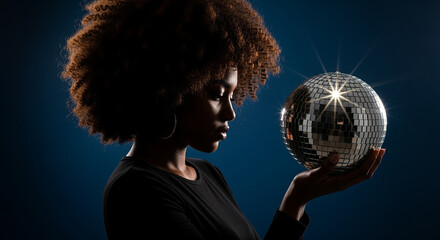 Poster - Woman holding a disco ball with afro hair and hoop earrings