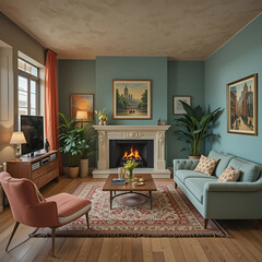 Poster - A retro living room interior design featuring vintage furniture, bold patterns, warm tones, and nostalgic decor elements.