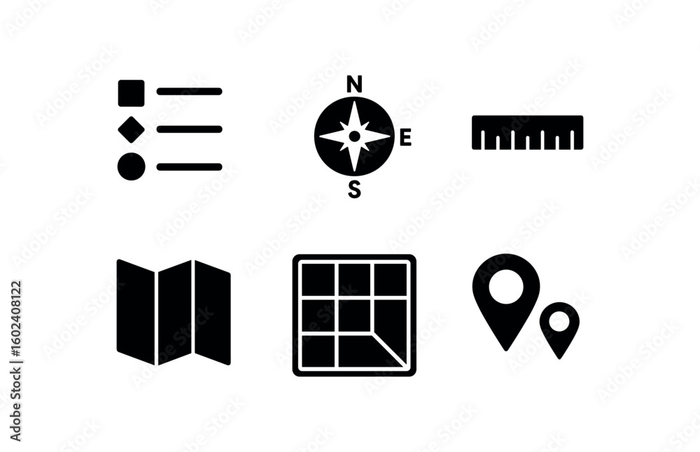 solid icon isolated map lend key map compass rose map scale ler map ...