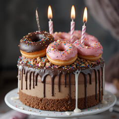 Poster - Vertical close-up of a chocolate birthday cake topped with donuts and white drip icing, highlighting.
