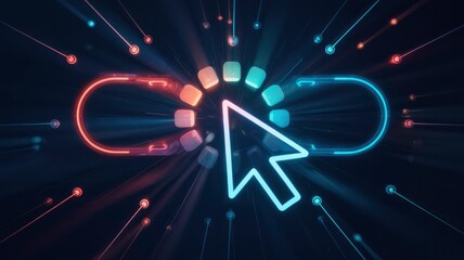Fototapete - Neon Cursor Clicking Loading Icon with Data Streams