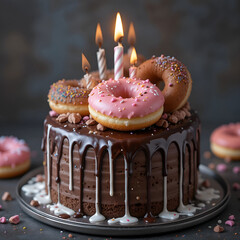 Poster - Vertical close-up of a chocolate birthday cake topped with donuts and white drip icing, highlighting.