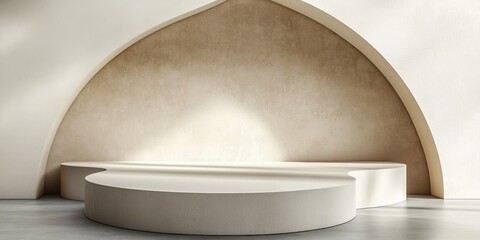 Poster - Elegant Presentation Scene Featuring Beige Arches and Minimalist Podium for Luxury Product Showcase