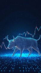Poster - Bullish Market Symbolism with Geometric Design, Technology, and Candlestick Charts on Blue Grid