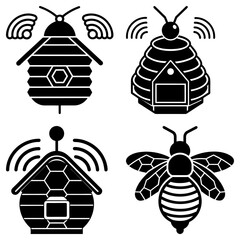 Fototapete - Four black and white bee icons including beehives and a bee with wifi signals above them all