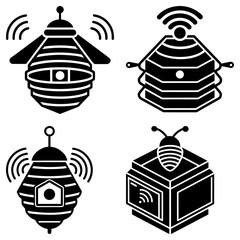 Poster - Illustration of four stylized beehives with antennas and wifi symbols in black and white color scheme