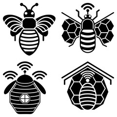 Poster - illustration of four stylized bees with wifi signals and honeycomb patterns in black and white color
