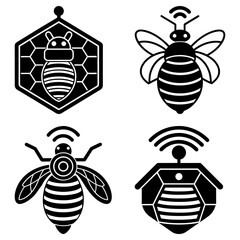 Poster - Illustration of four stylized bees with various designs and wifi symbols in black and white color scheme