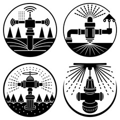 Poster - Illustration showcasing four distinct irrigation systems within circular frames in a black and white style