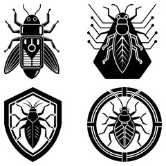 Poster - Four black and white insect icons in different shapes, including a shield and a hexagon design style