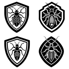Poster - Four black and white shields each containing a different insect vector illustration design set up