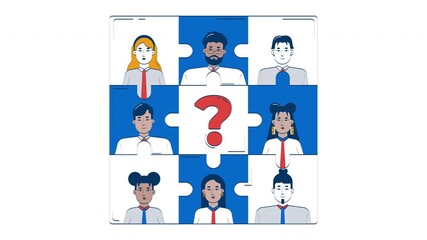 Poster - HR team puzzle with missing piece doodle animation. Staffing gap. Vacant role. Business hiring human resources animated 2D flat cartoon concept, white background. 4K video motion graphic