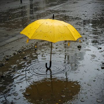 A yellow umbrella resting in a puddle of water, creating a striking contrast, symbolizing rain, reflection.